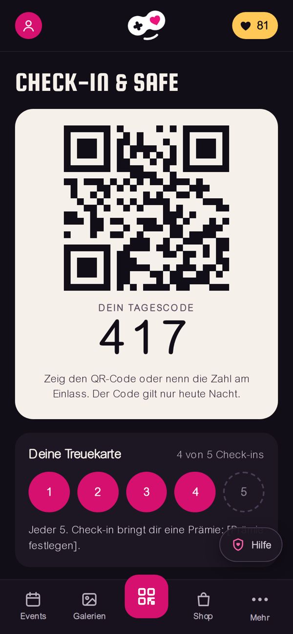 Club-App: Check-in mit QR-Code und Tagescode