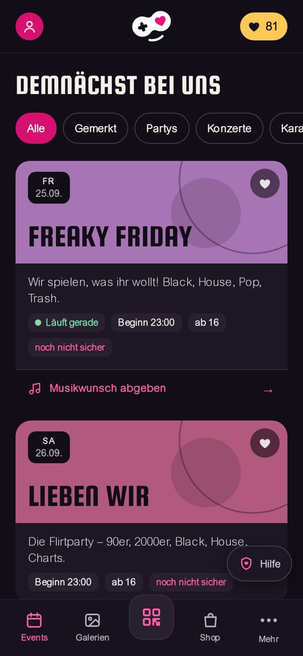Club-App: Übersicht der nächsten Partys